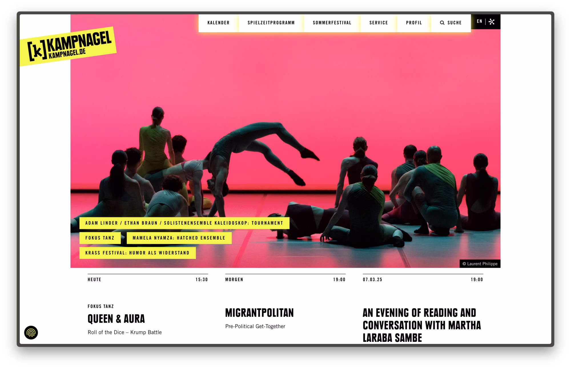 Theater Kampnagel website interface showcasing dynamic event listings