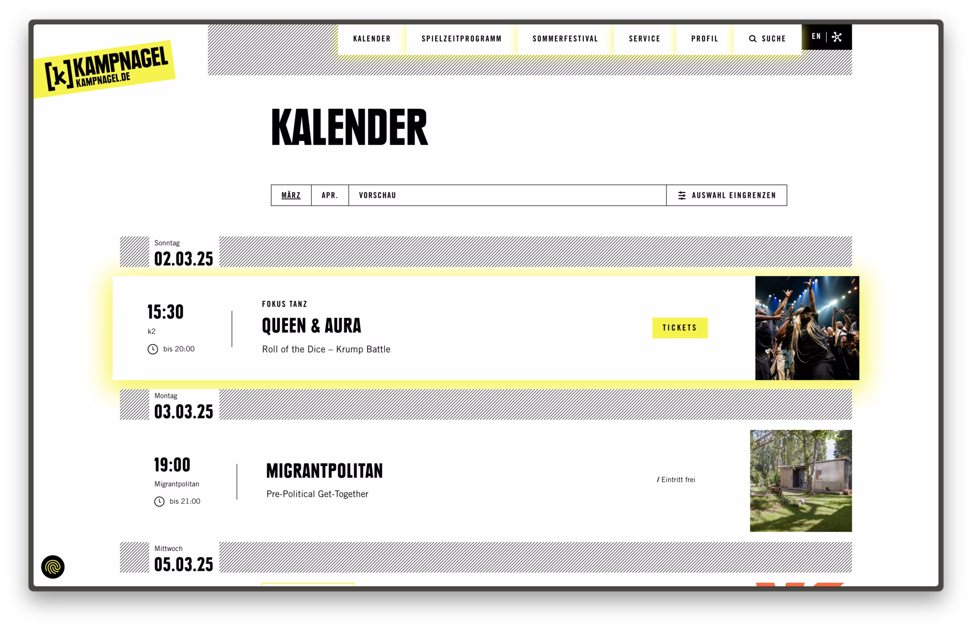 Theater Kampnagel website interface showcasing dynamic event listings